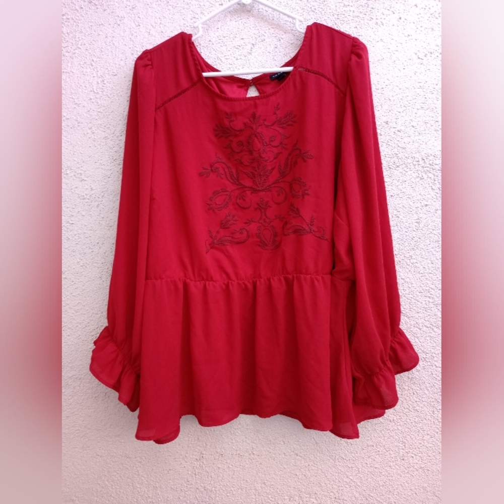 Torrid Women's Peplum Georgette Embroidered Top Blouse Holiday Party Boho Red 3